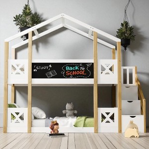 Twin Over Twin House Bunk Bed with Storage Staircase, Blackboards, Safety Rails, for Kids Bedroom, White Wood Frame - 1 of 4