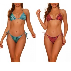 Elerevyo Women's Snake Print Halter Lace Up Tie Side Triangle Bottoms Swimwear Bathing Suits 2 Sets - 1 of 4