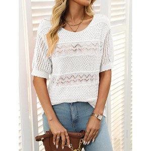Womens Summer Tops Round Neck Lace Short Sleeve Casual Knit Top Blouse - 1 of 4