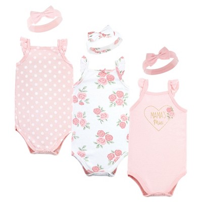 Hudson Baby Infant Girl Sleeveless Bodysuit and Headband Set, Soft Pink Roses, 9-12 Months