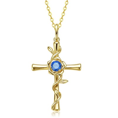 Molenia Birthstone Cross Necklace for Women, Gold Plated Rose Flower Pendant 925 Silver Faith Christian Religious Jewelry Baptism Gift Christmas