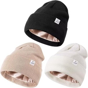 Zuppad 3 Pack Satin Lined Winter Beanie Hats for Women Men,Silk Lined Womens Beanies Knit Soft Warm Cuffed Hats - 1 of 4