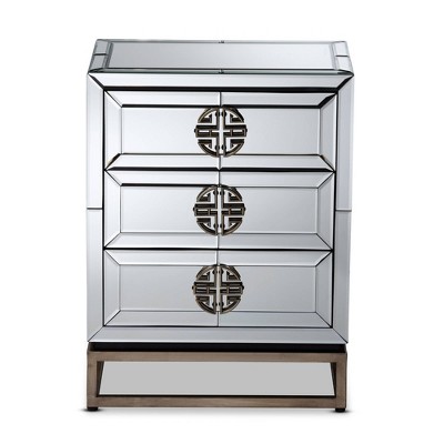 Chinoiseries Antique Bronze Mirrored 3-Drawer Nightstand
