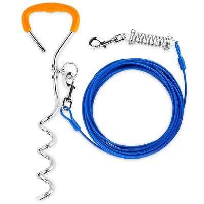 Petbobi Dog Tie-Out Cable and Stake - 30FT Spring Heavy Duty Cable - 16-inch Ground Stake for Medium to Large Dogs Up to 120 lbs, Blue