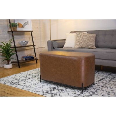 Distressed Brown Faux Leather Upholstered Bench with Black Metal Base