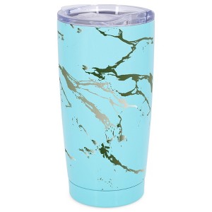 Elanze Designs 20 oz Stainless Steel On the Go Insulated Travel Tumbler With Push Top Lid, Forest Green Marble Print Sky Blue - 1 of 4