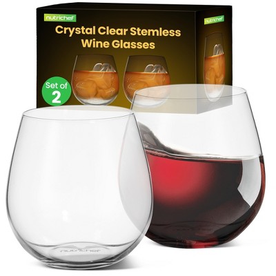 NutriChef Crystal Clear Stemless Wine Glass Set, Ultra Clear, Hand-Blown