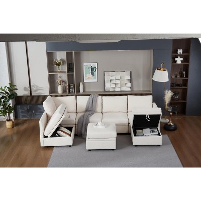 Oversized U-Shaped Sectional Sofa with Storage & Convertible Chaise, Removable Chenille Cover for Living Room or Office