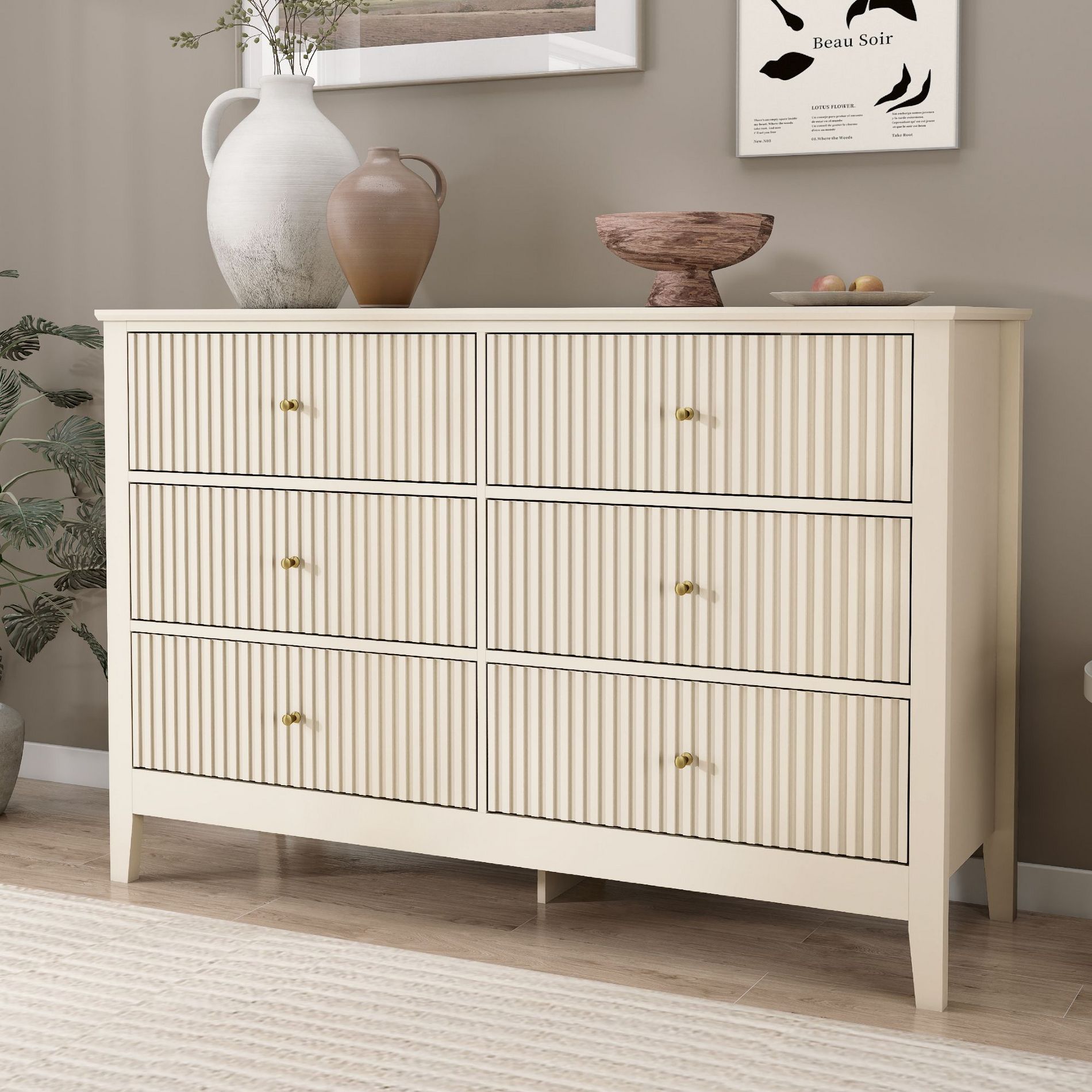 6 Drawers Dresser, Fluted Chest of Drawers with Storage, Modern Wood Wide Storage Dresser with Paint Design