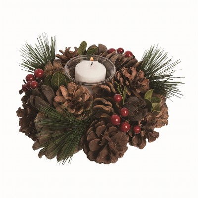 Transpac Foam Brown Christmas Snowy Pinecone with Berries Tea Light Holder