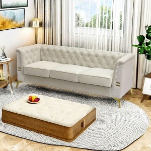 VASIP Modern 82.7inch  sofa Bed. Velvet Living Room Chesterfield design Sofa cream white color - 1 of 4