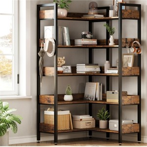 Corner Bookshelf, 5 Tier Convertible Corner Book Shelf, Modern Industrial Bookcase, L Shaped Storage Display Shelf - 1 of 4