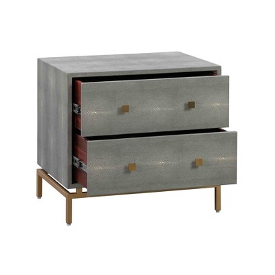 Pesce Modern Gray Shagreen 2-Drawer Nightstand with Brass Accents