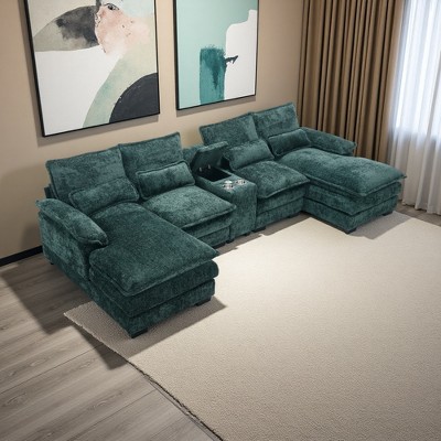 123" Chenille U-Shaped Sectional Sofa with Console, USB & Cup Holders, 6-Seater
