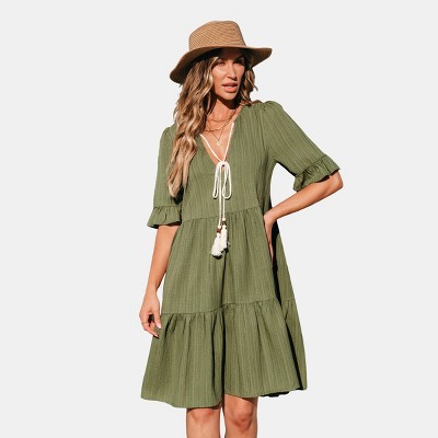 Women's Breezy Olive Tiered Midi Dress - Cupshe