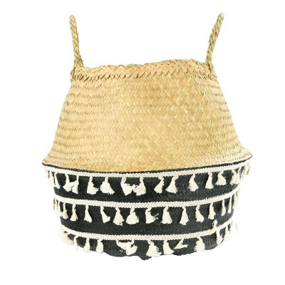 Seagrass Collapsible Basket with White Tassels 12" x 15" Beige/Black - 3R Studios