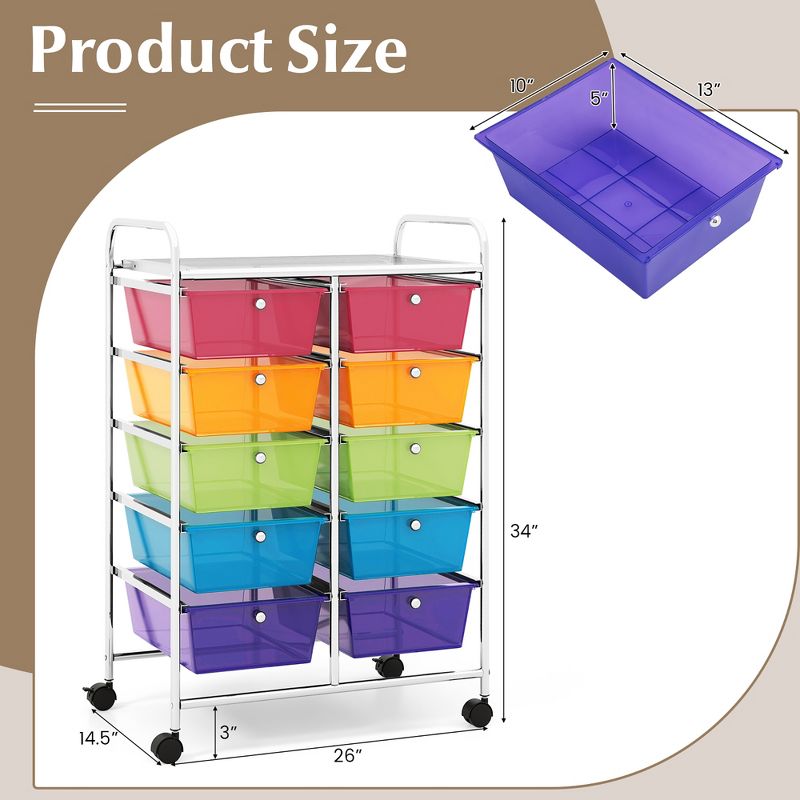Tangkula 10-Drawer Rolling Storage Cart Tools Scrapbook Paper Organizer on Wheels Rainbow, 3 of 11