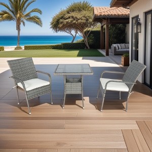 3 Pieces Patio Furniture Set, Wicker Patio Bistro Set with Glass Top Coffee Table & Cushion, Conversation Set for Balcony Garden Porch Poolside - 1 of 4