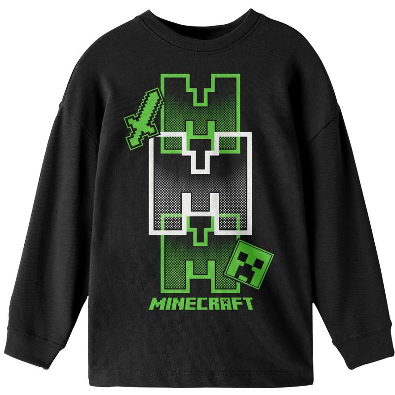 Minecraft Icon Repeated Boy's Black Long Sleeve Shirt, 1 of 3