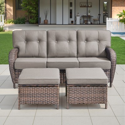 Buenhomino 3 Pieces Patio Furniture Sofa Set-Outdoor Wicker Patio Couch with Multifunctional Ottoman and All-Weather Patio Conversation Set