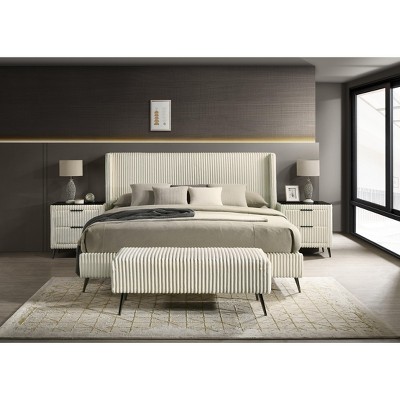 Cream Wide-Wale Corduroy Upholstered Queen Bed Set with Nightstands and Bench