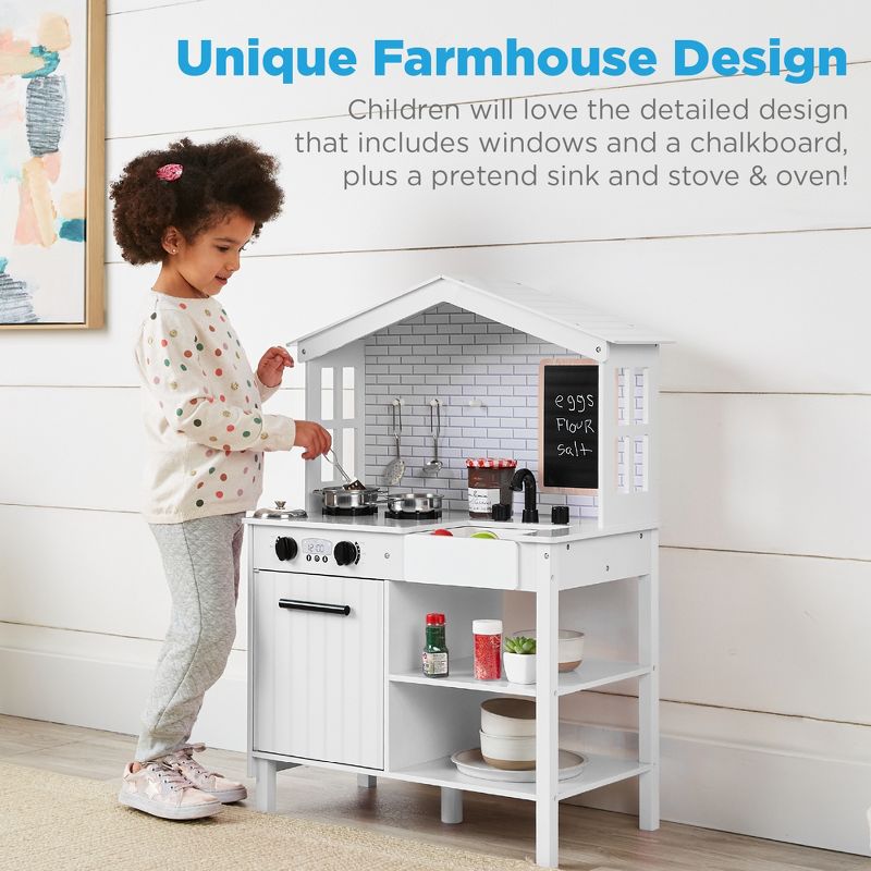 Best Choice Products Farmhouse Play Kitchen Toy for Kids w/ Chalkboard, Storage Shelves, 5 Accessories, 3 of 11