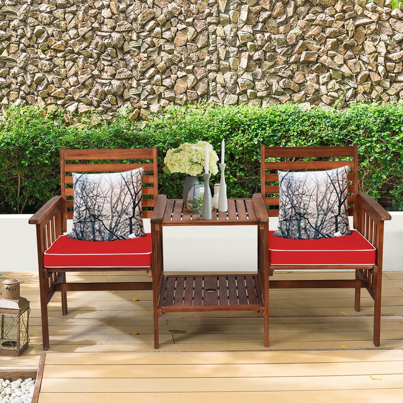 Costway Patio Loveseat Conversation Set Acacia Wood Chair Coffee Table Cushioned White\ Red, 1 of 11