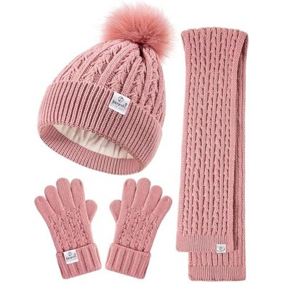 SENPUKI Kids Winter Hat Gloves Scarf Set,Girls Toddler Winter Hat Beanie with Pom Neck Warmer Gaiter Mittens Fleece Lined Set