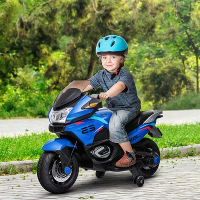 Blue 12V Kids Motorcycle with Training Wheels and Lights