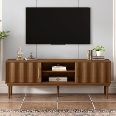 Chic Crate - Modern Ribbed Media Console - Space-Saving Sliding Doors & Solid Oak Legs - Convertible TV Stand/Sideboard in Driftwood Gray
