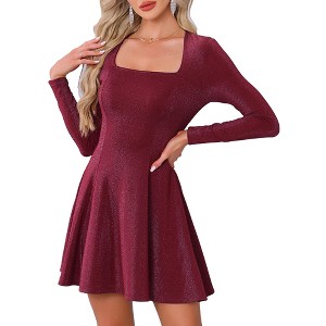 INSPIRE CHIC Women's Sparkly Square Neck Long Sleeve Cocktail Club A-Line Evening Party Dress - 1 of 4