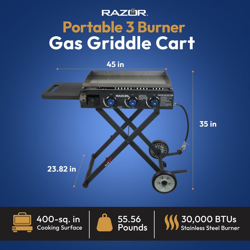Razor Griddle Portable 3-Burner 30,000 BTU Gas Flattop Grill & Griddle Combo with 25" x 16" Cooking Surface Area, Foldable Cart & Side Shelf, Black, 4 of 8