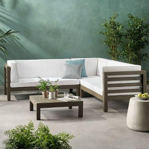 Sapphtopaz Patio Furniture Set Wood L-Shaped Loveseat Outdoor Chairs with Cushions and Coffee Table Sofa Set for Garden, Backyard - 1 of 4