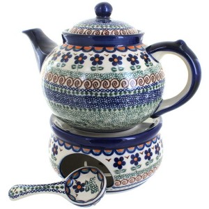 Blue Rose Polish Pottery 1886 Vena Teapot with Warmer & Candle Holder - 1 of 1