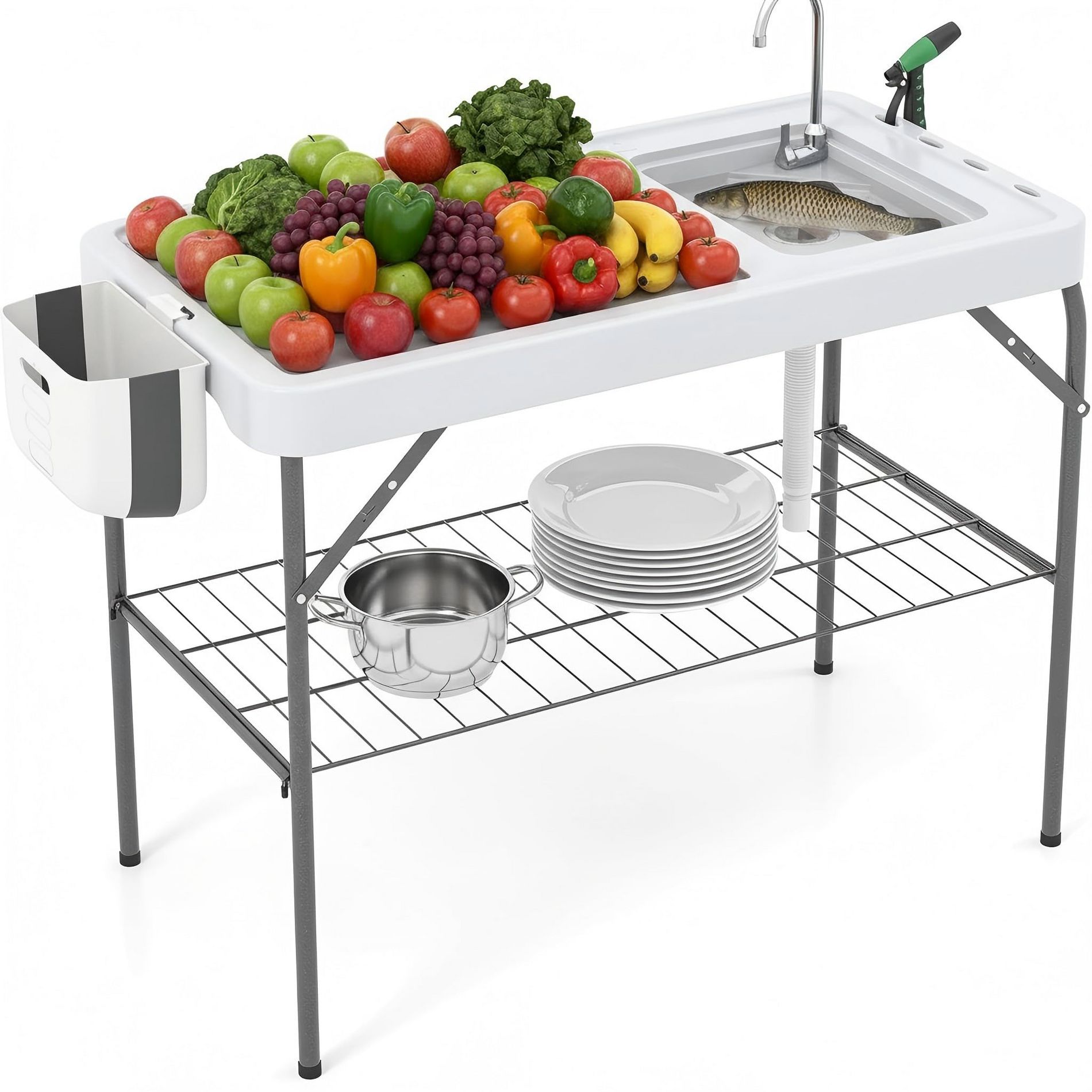 Folding Fish Cleaning Table with Sink, Outdoor Camping Wash Station with Faucet, Drain Hose, Sprayer, Portable Fillet Station for Picnic