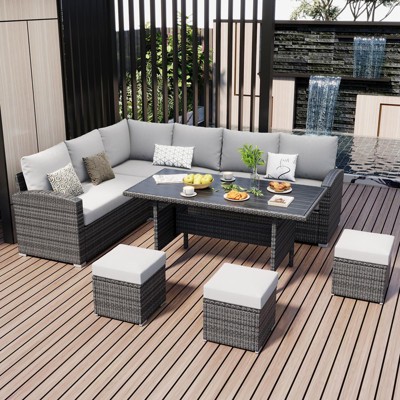 Outdoor Patio Furniture Set, PE Wicker Sectional Sofa Set with Cushions and Coffee Table, All-Weather Patio Conversation Set