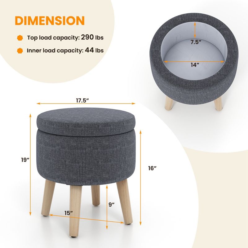 Costway Round Storage Ottoman Accent Storage Footstool with Tray for Living Room Bedroom, 3 of 13