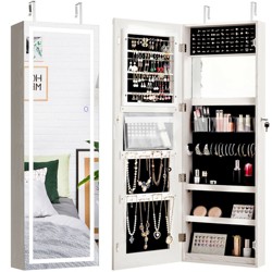 Full Length Mirror Jewelry Cabinet Armoire Storage Organizer w/ LED Lights White 