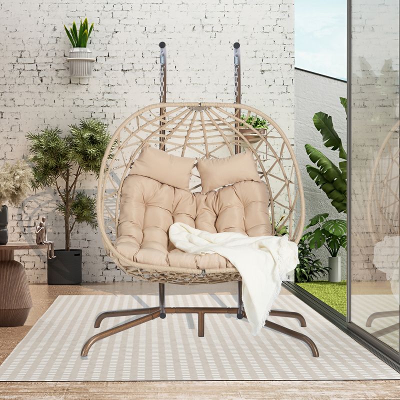 2-Person Outdoor Patio Hanging Wicker Egg Chair with Cushion and Headrest, Rattan Hanging Chair 4A - ModernLuxe, 2 of 10