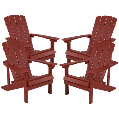 Emma and Oliver Set of 4 Outdoor Red All Weather Poly Resin Wood Adirondack Chairs