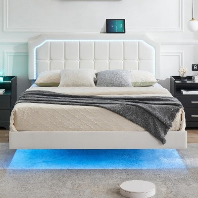 Floating Bed Frame with Smart RGB LED Headboard,Modern Upholstered Platform, Adjustable Height,No Box Spring Needed