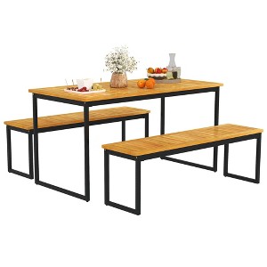 Tangkula 3 PCS Outdoor Dining Set for 6 w/Acacia Wood Tabletop Metal Frame Umbrella Hole - 1 of 4