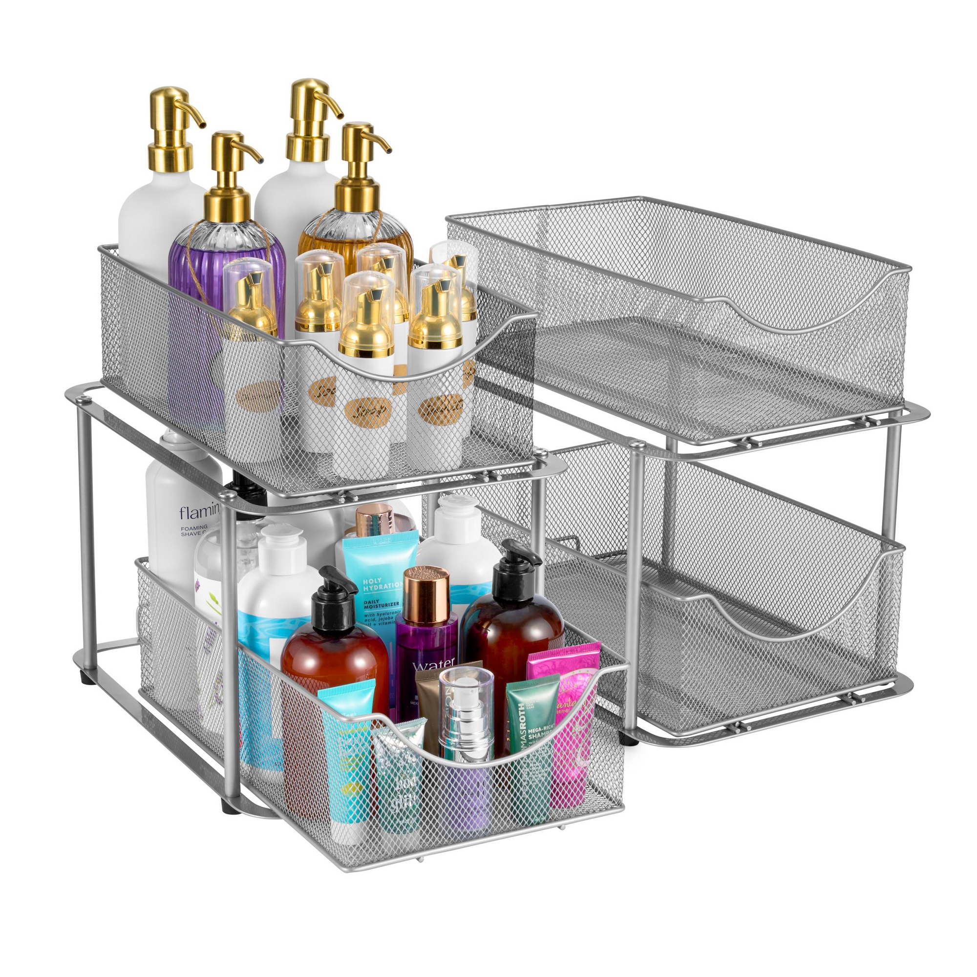 Sorbus 2 Pack 2 Tier Baskets with Mesh Sliding Drawers - Ideal Cabinet, Under the Sink, etc - Great for Bathroom, Kitchen, Office, etc.