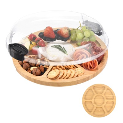 Unique Bargains Bamboo Portable Dual-function Round Charcuterie Board with Lid and Handle