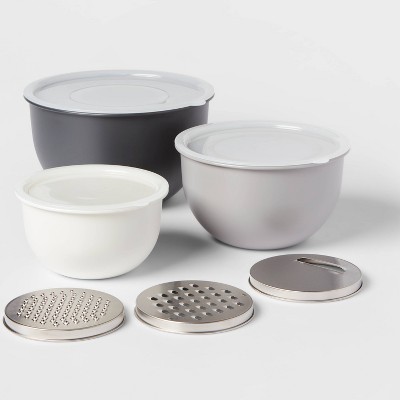 9pc Set - 3 Nesting Bowls with Lids and 3 Slicing Attachments Gray - Made By Design&#8482;