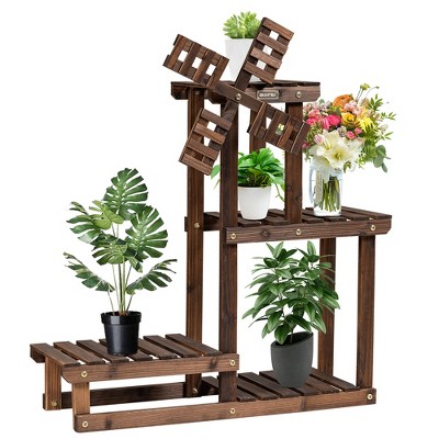Costway Wood Plant Stand 4 Tier Shelf Multiple Flower Pot Windmill Design