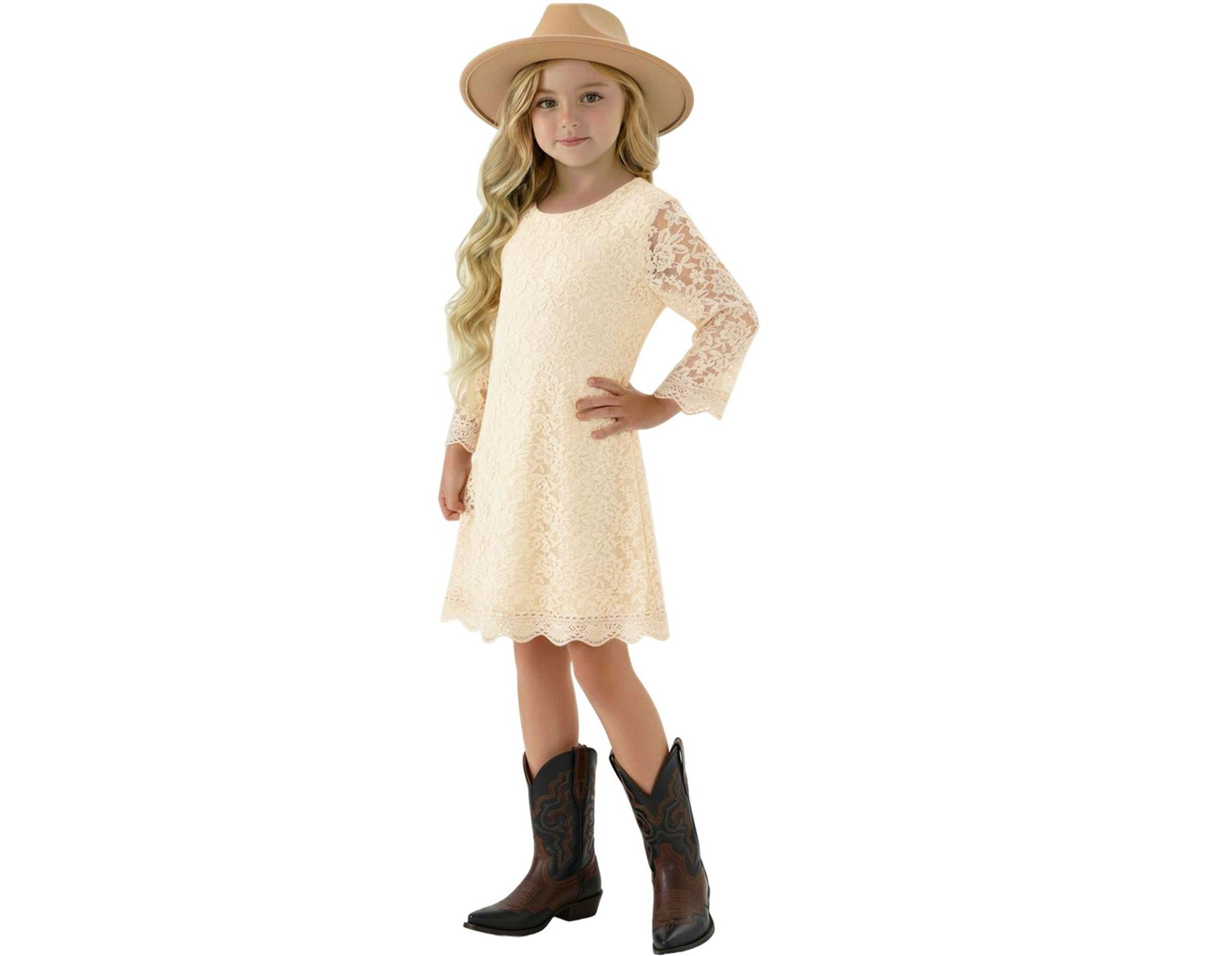2Bunnies Girls' Boho Rustic Garden Lace Flower Girl Dress Ivory 7-8 years