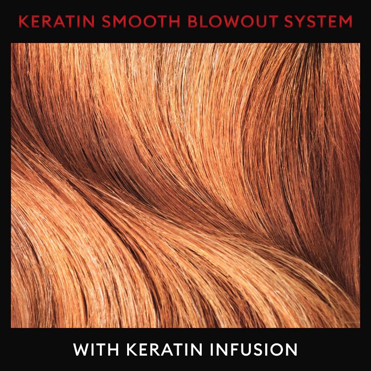 Close-up of smooth, shiny hair with text "KERATIN SMOOTH BLOWOUT SYSTEM" and "WITH KERATIN INFUSION" above and below.