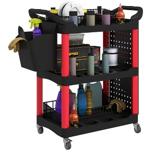 HOMCOM 3-Tier Rolling Tool Cart, 200 LBS Capacity Plastic Utility Cart with Side Shelf and Storage Bucket for Garage, Workshop - 1 of 4