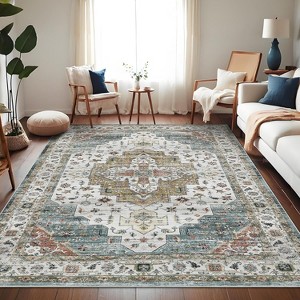 Acekool Vintage Oriental Machine Washable Area Rug, Soft Low Pile Non-Slip Accent Carpet, Stain Resistant for Living Room, Hallway, Laundry - 1 of 4